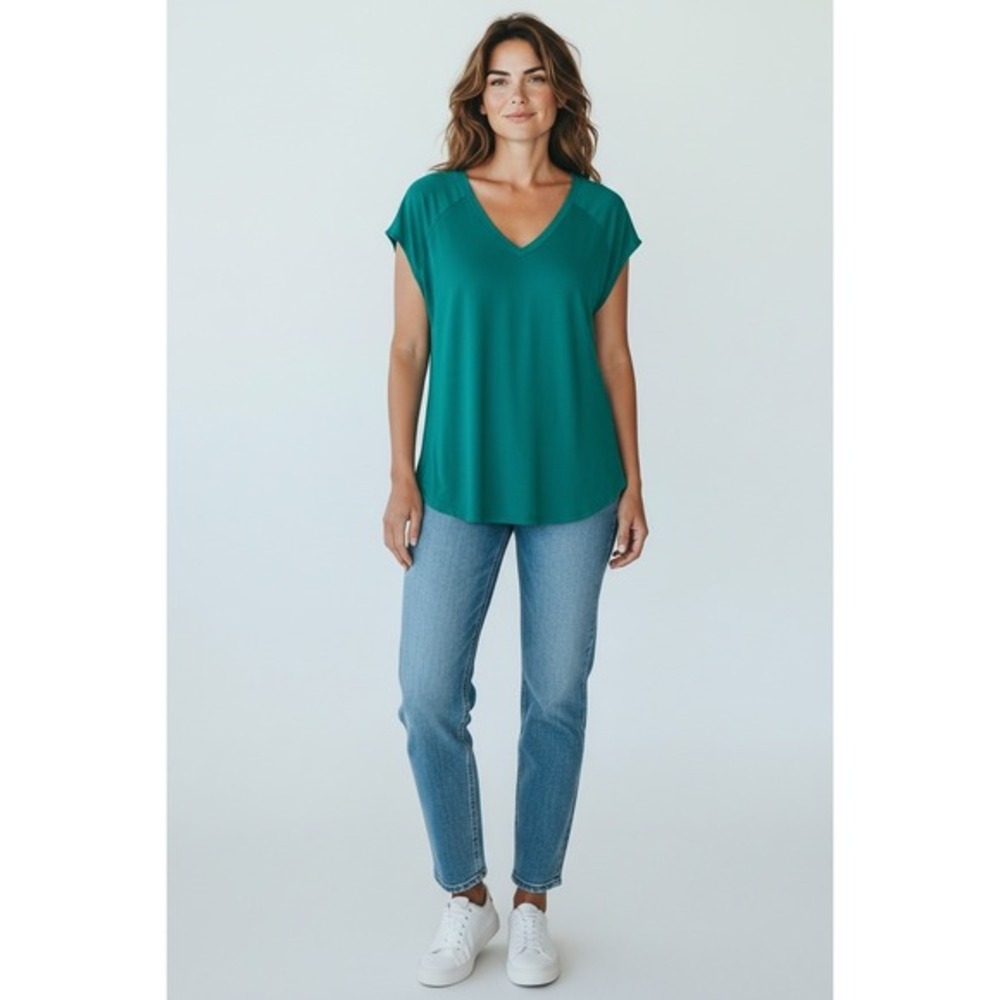 Adrienne Vittadini Top Women S Teal V-Neck Short Sleeve Mixed Media Blouse